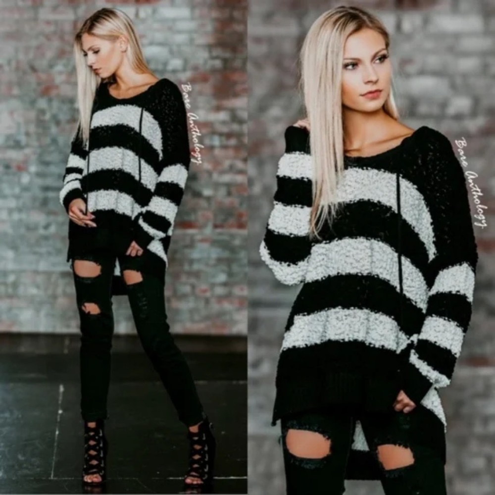 #48 Cozy Stripe Color Block Popcorn Hoodie Sweater Top - Picture 4 of 5